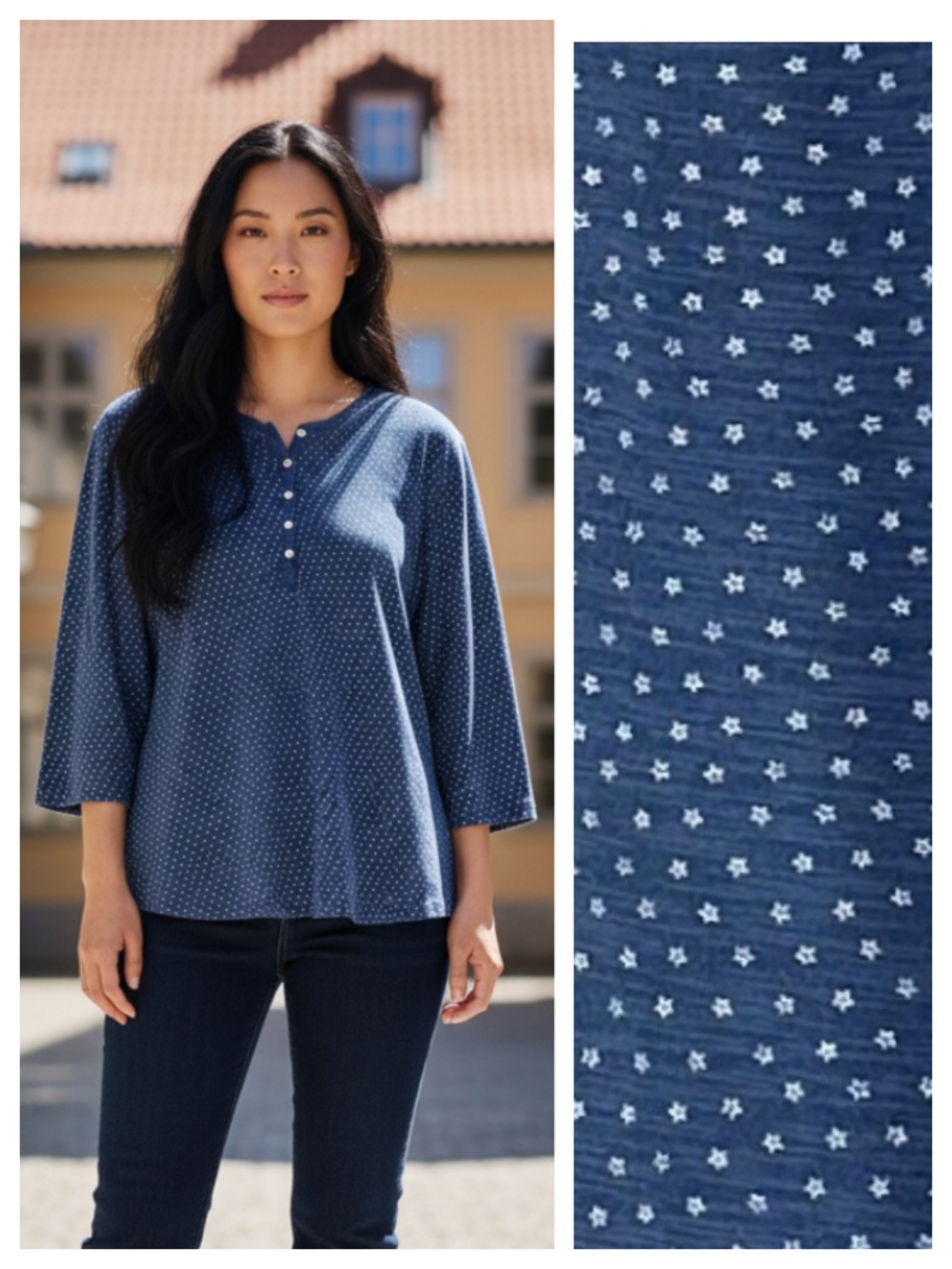 Chaps Ralph Lauren Henley Shirt Top Tunic Sz 2X 18 20 Blue Floral Polka Dot